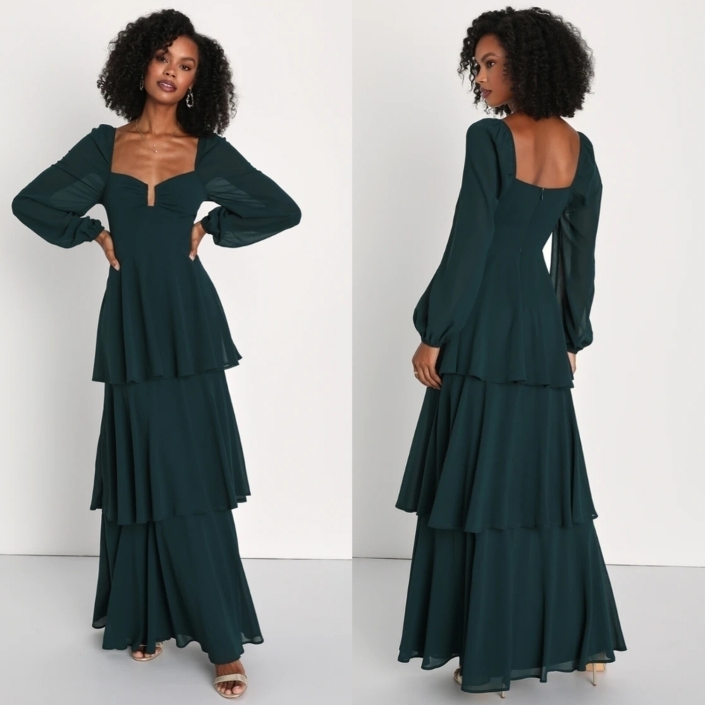 Lulus Tier to Enchant Emerald Green Long Sleeve Tiered Maxi Dress Wedding Party